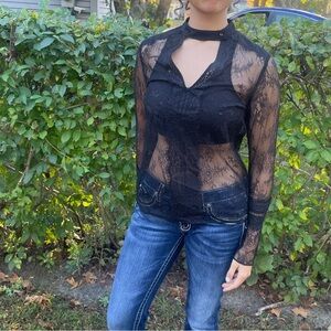 Y2K Sheer  Black Lace Women's Top Bell Sleeve ans Choker Detail Guess